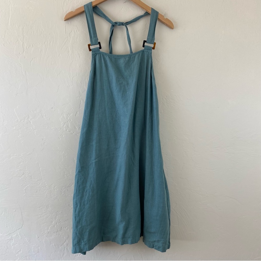 Tavik Size Small Teal Green Linen Spaghetti Strap Tortoise Buckle Midi Dress